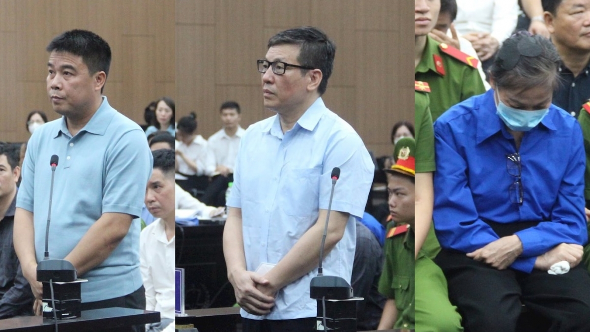 Các bị cáo từ trái qua: Nguyễn Văn Hậu, Lê Duy Thành và Hoàng Thị Thuý Lan. (Ảnh: Hùng Anh)
