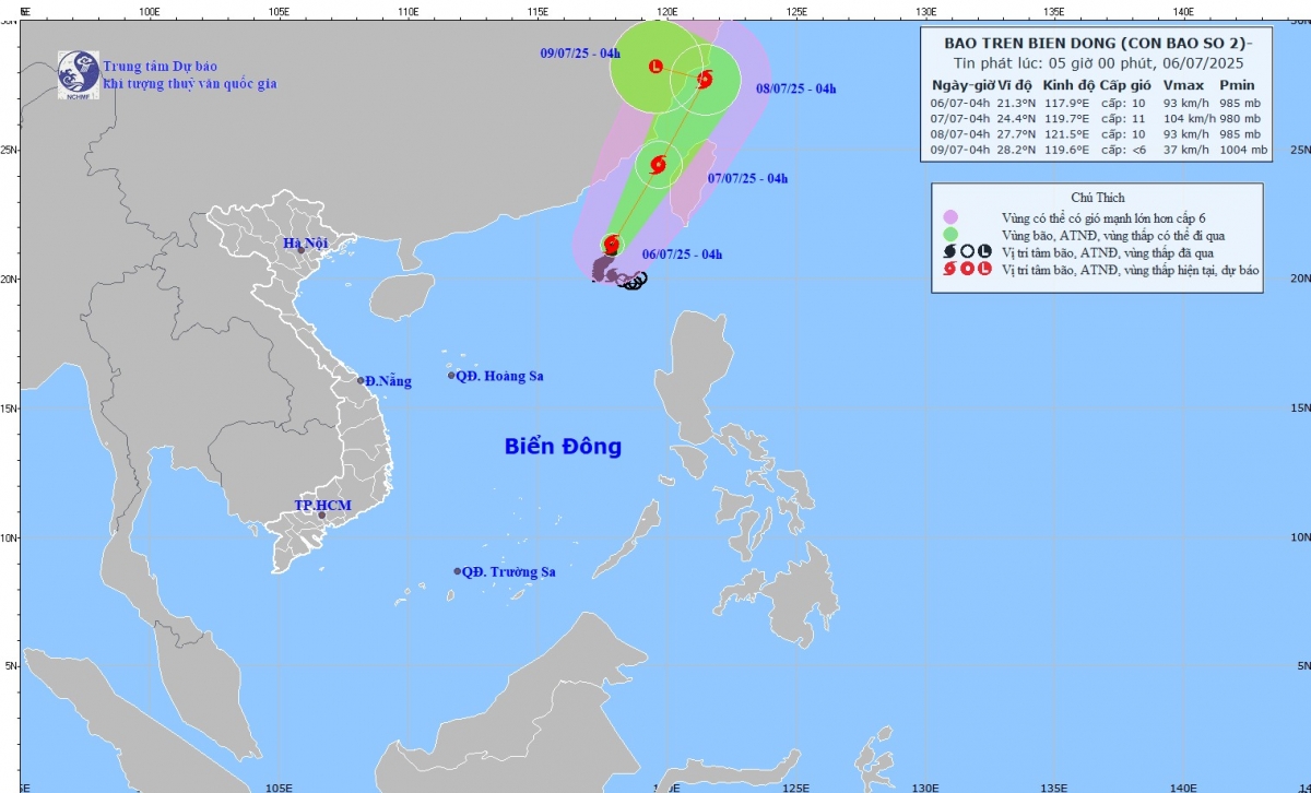 Bản đồ dự báo quỹ đạo và cường độ bão số 2 lúc 5h ngày 6/7/2025