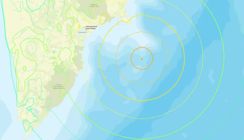 Bản đồ của Cơ quan Khảo sát Địa chất Mỹ (USGS) ghi nhận trận động đất mạnh 8,0 độ xảy ra ngoài khơi bờ biển phía Đông nước Nga ngày 30/7/2025.Ảnh: Cơ quan Khảo sát Địa chất Mỹ