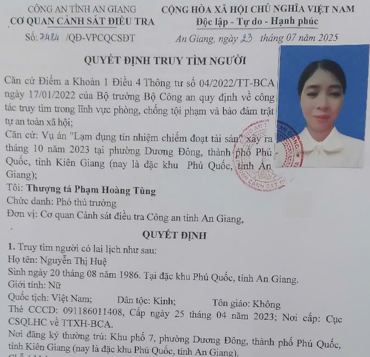Quyết định của công an đối với Nguyễn Thị Huệ.