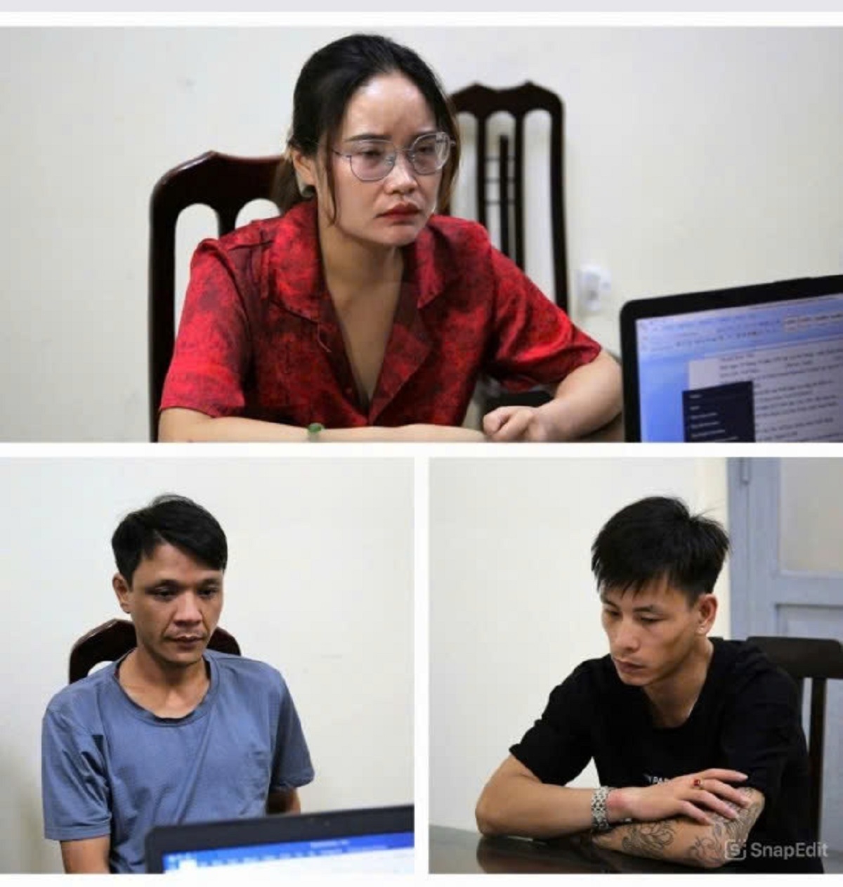 Các bị can Trần Thị Xuân Quế (áo đỏ), Cao Văn Hưng (áo ghi), Nguyễn Hữu Lộc (áo đen) tại cơ quan công an.