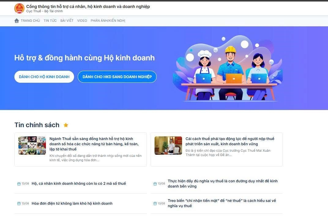 Giao diện Cổng thông tin hỗ trợ cá nhân, hộ kinh doanh, doanh nghiệp