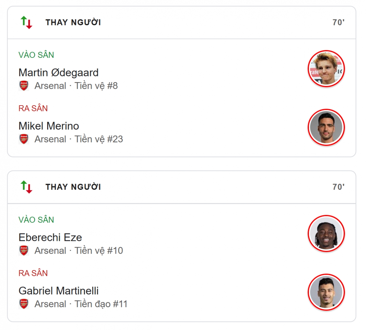 Arsenal thay người.