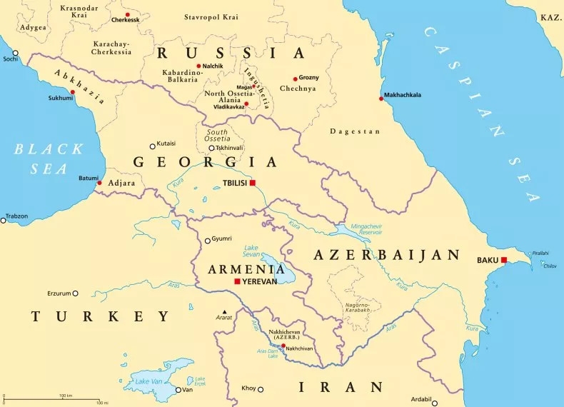 Bản đồ khu vực Nam Caucasus, bao gồm Armenia và Azerbaijan. Ảnh: Getty