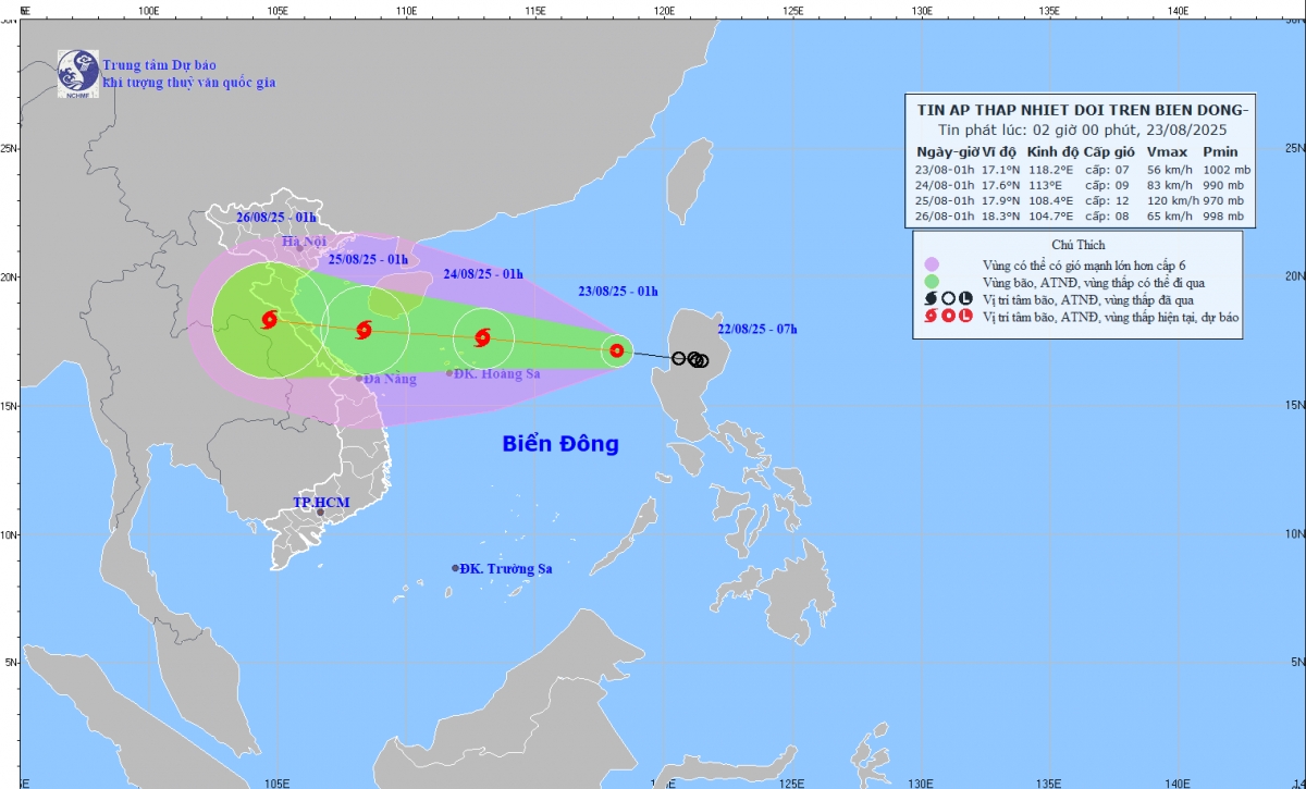 Hướng di chuyển của áp thấp nhiệt đới, sắp mạnh lên thành bão, bão số 5. Ảnh: nchmf