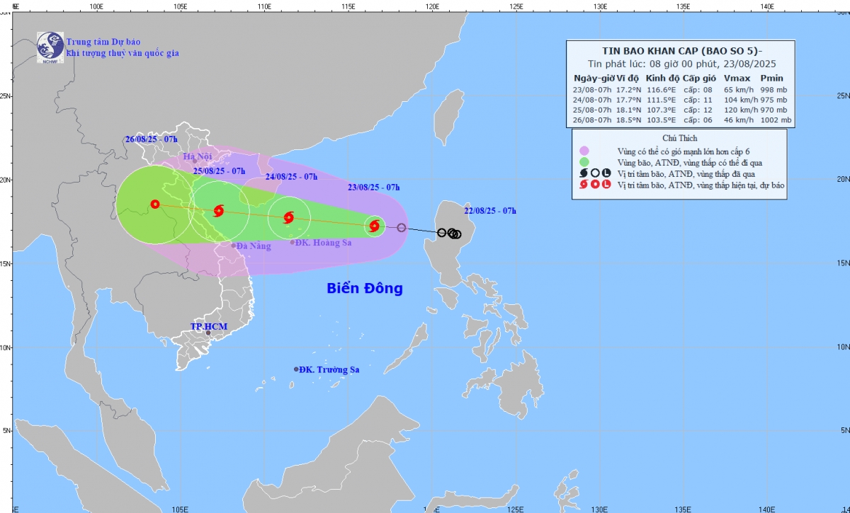 Hướng đi của bão số 5 (Ảnh: Trung tâm Dự báo Khí tượng Thủy văn quốc gia)