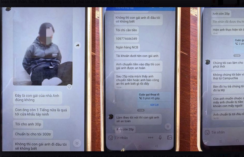 Tin nhắn và hình ảnh đối tượng gởi đe dọa gia đình nạn nhân đòi tiền chuộc. (Ảnh: CACC)