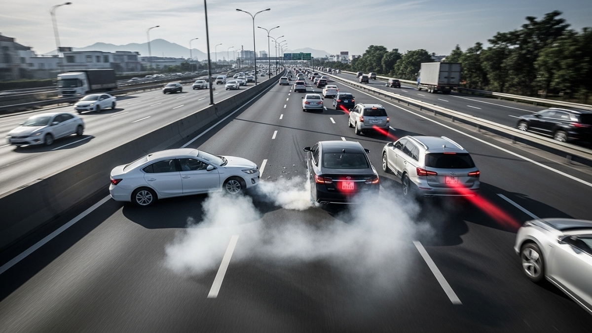 Phanh xe đột ngột khi đang di chuyển trên cao tốc tiềm ẩn nguy cơ gây TNGT. (Ảnh minh hoạ: Google AI Studio)