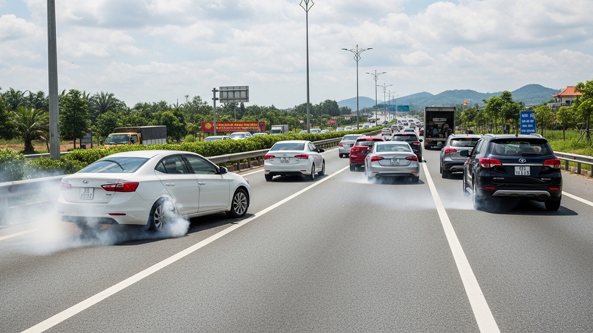 Phanh xe đột ngột khi đang giữ tốc độc cao, cộng với áp lực từ các phương tiện xung quanh là một hành vi vô cùng nguy hiểm. (Ảnh minh hoạ: Google AI Studio)