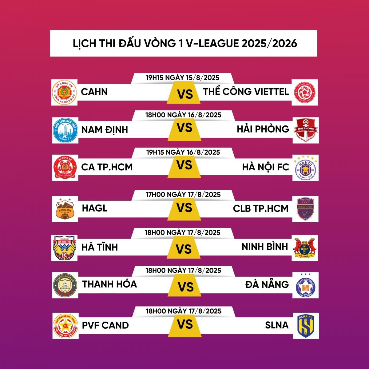 Lịch thi đấu và trực tiếp vòng 1 V-League 2025/2026.