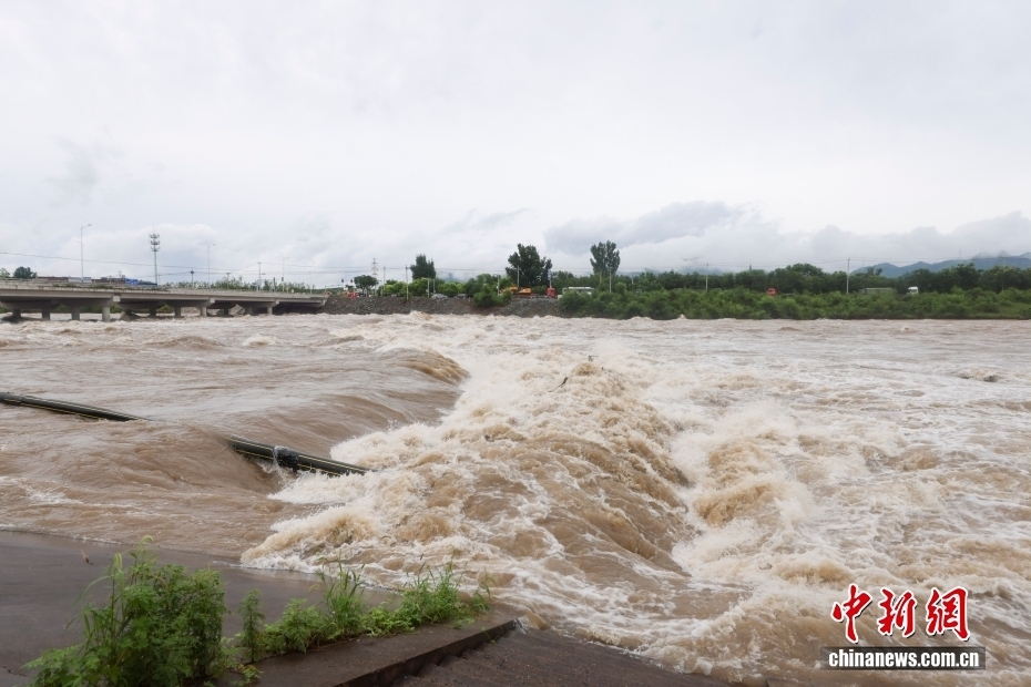 Mực nước sông Triều Hà ở quận Mật Vân, Bắc Kinh dâng cao do mưa lớn ngày 29/7. (Ảnh: Chinanews)