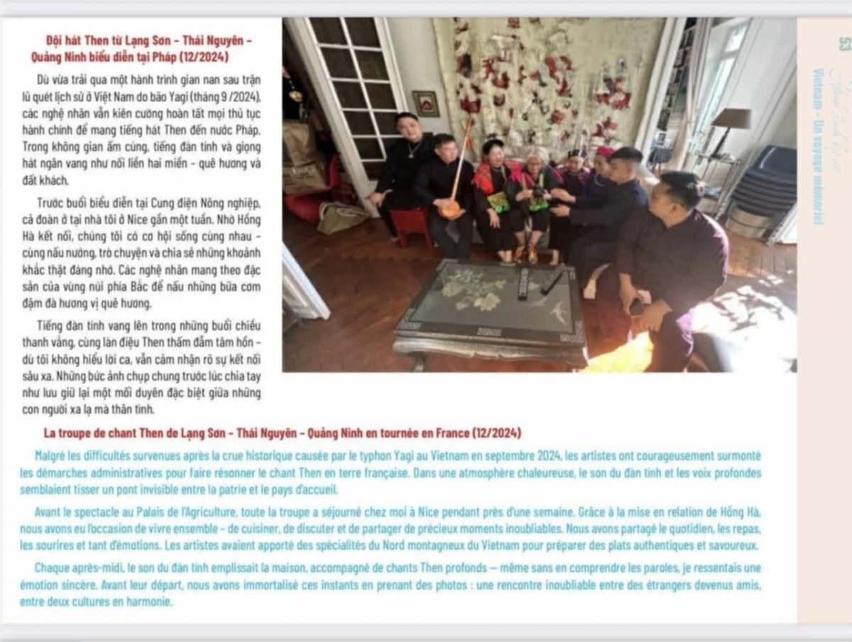 Nghi lễ thực hành tín ngưỡng Then của dân tộc Tày, Nùng, Thái ở Việt Nam được các nghệ sỹ, nghệ nhân biểu diễn tại Pháp cũng là một "lát cắt văn hóa" mà độc giả có thể tìm thấy trong cuốn sách "Việt Nam - Hành trình ký ức"