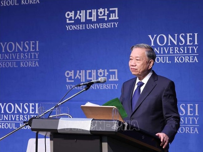 Tổng Bí thư Tô Lâm phát biểu chính sách tại Trường Đại học Yonsei. Ảnh: Thống Nhất/TTXVN