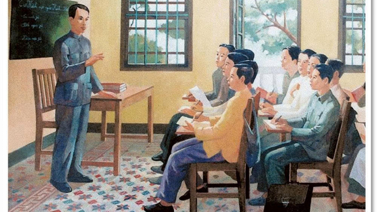 Nguyễn Ái Quốc giảng bài tại lớp huấn luyện cán bộ cách mạng tại Quảng Châu (Trung Quốc) - Ảnh chụp lại tranh