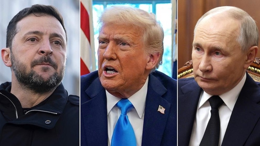 (từ trái sang) Ông Zelensky, ông Trump, ông Putin. Ảnh ABC