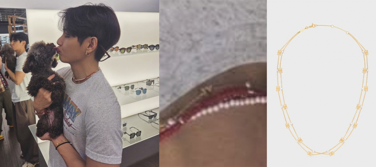 Người hâm mộ tinh ý nhận thấy V dường như đang đeo một chiếc vòng cổ Celine được thiết kế riêng với mặt dây chuyền "JV". (Ảnh: Instiz)