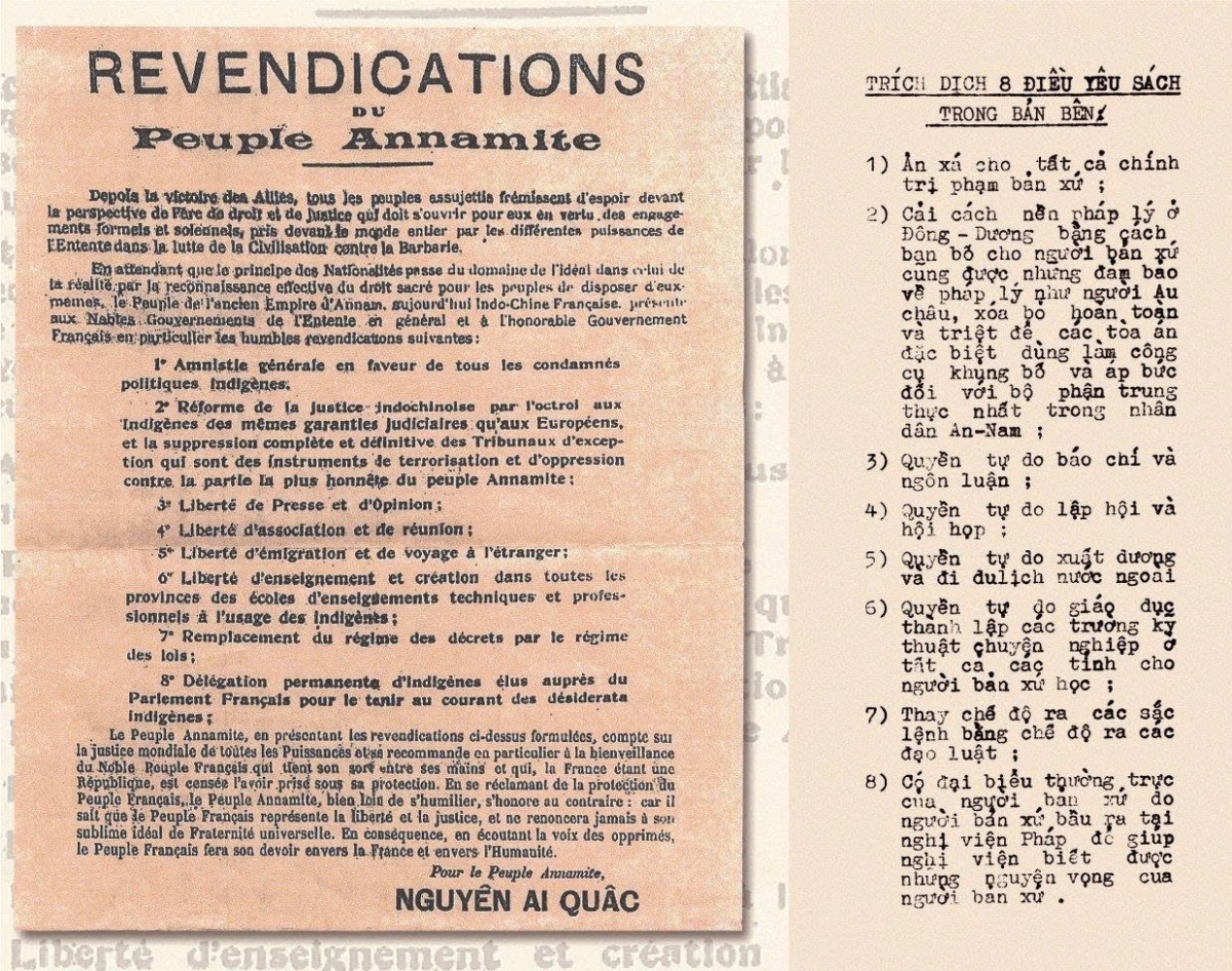 Bản yêu sách Tám điểm của nhân dân Việt Nam do Nguyễn Ái Quốc và nhóm người Việt Nam yêu nước gửi Nghị viện Pháp và các đoàn đại biểu dự Hội nghị Vécxây (6/1919)