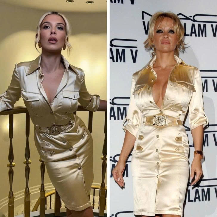 Trong quá trình tham gia "The Electric State", Millie Bobby Brown tiếp tục chuộng phong cách lấy cảm hứng từ thập niên 1990 - 2000. Nổi bật nhất là chiếc váy satin Versace, từng gắn liền với Pamela Anderson tại bữa tiệc MAC Viva Glam năm 2005.