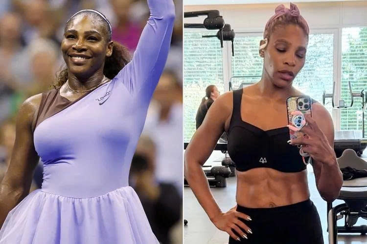 Serena Williams trong trận đấu đơn nữ Giải quần vợt Mỹ mở rộng 2018 (bên trái) và Serena Williams vào tháng 7 năm 2025 (bên phải).