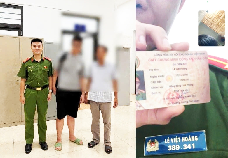 Gia đình đến đón cháu A tại trụ sở Công an phường Yên Hòa và đối tượng giả danh Công an (ảnh trái)