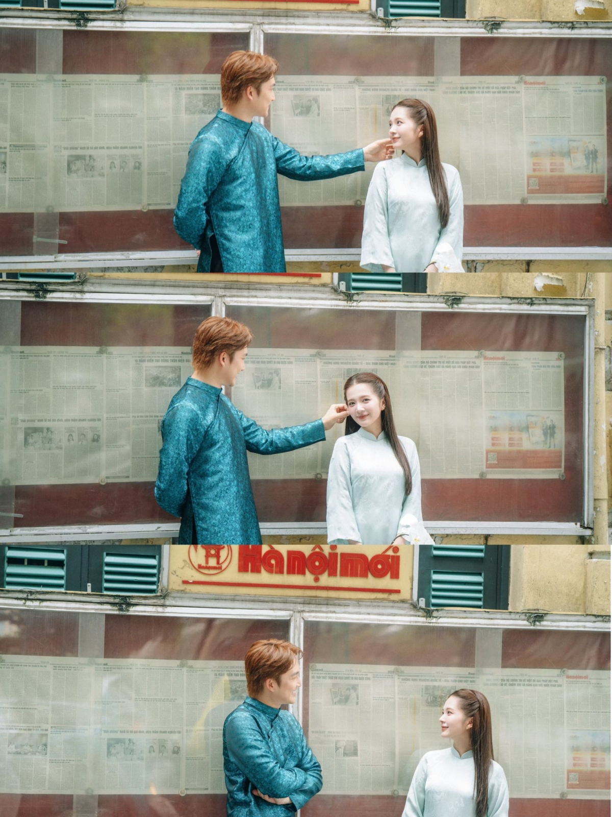 Không chỉ ghi dấu ở khu trưng bày báo Hà Nội mới với ô báo tường vàng cũ mang đậm dấu ấn thời gian, cặp đôi còn lưu lại khoảnh khắc ngọt ngào bên Hồ Gươm – nơi tháp Rùa ẩn hiện giữa mặt hồ phẳng lặng, hàng cây xanh và không khí mùa thu thơ mộng.