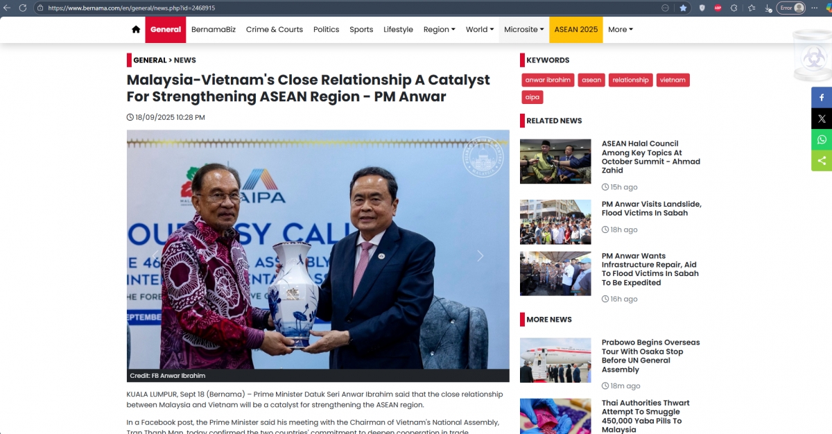 Ảnh chụp bài báo đăng trên Bernama ngày 18/9