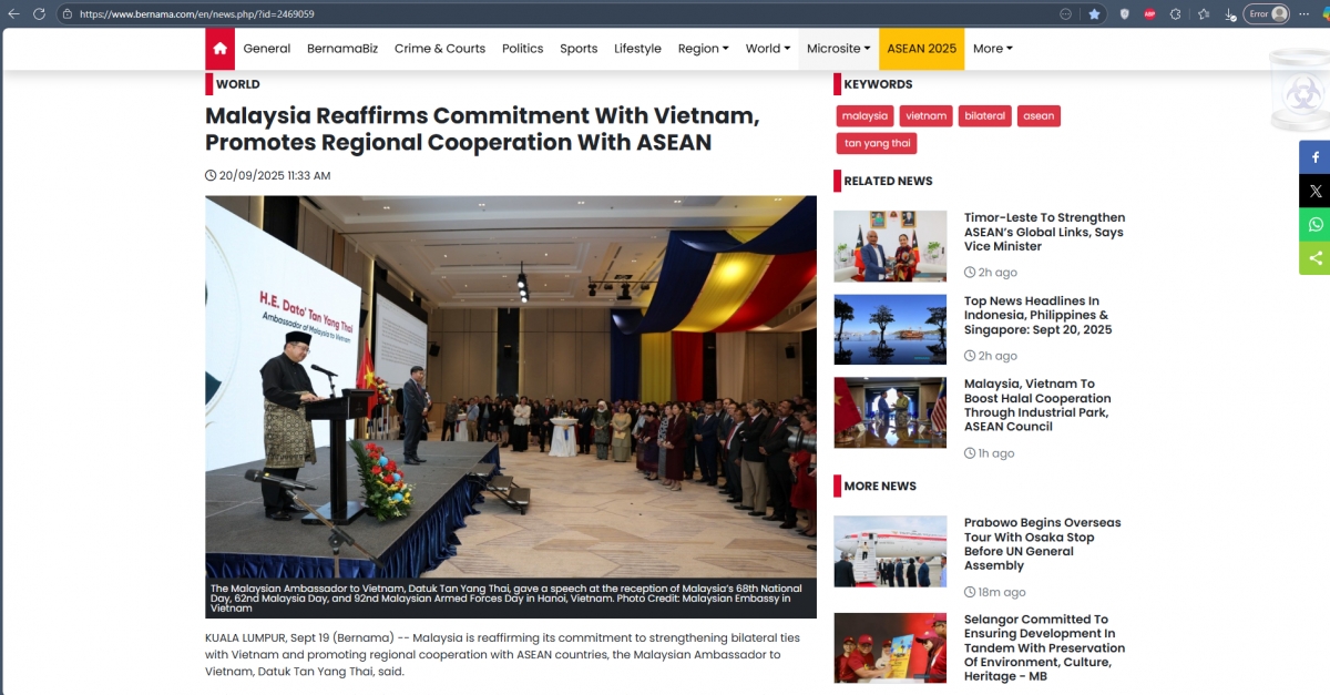 Ảnh chụp bài báo đăng trên Bernama ngày 20/9