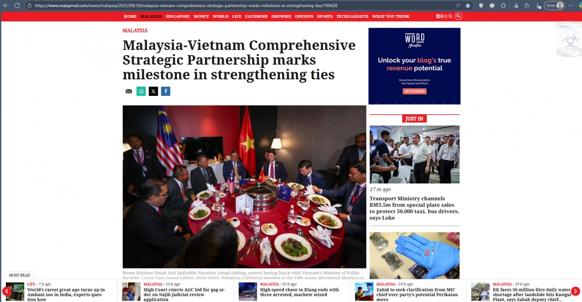 Ảnh chụp bài báo đăng trên Malay Mail ngày 19/9