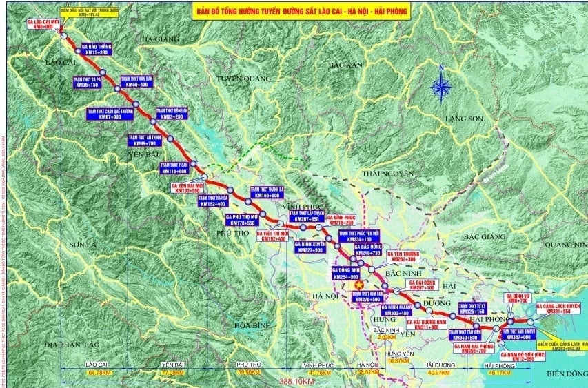 Bản đồ tổng hướng tuyến đường sắt Lào Cai - Hà Nội - Hải Phòng (Ảnh: KT)