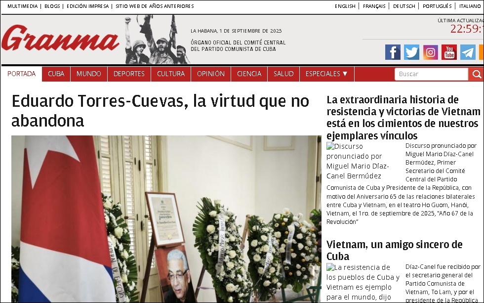 Báo Granma của Cuba viết về Việt Nam. (Ảnh chụp màn hình Granma)