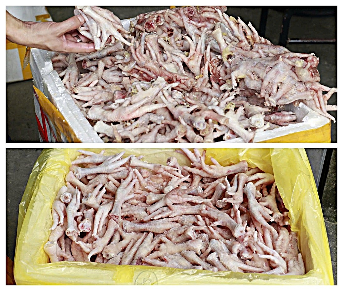 Chân gà đông lạnh không rõ nguồn gốc bị lực lượng chức năng phát hiện. Ảnh: Phạm Thủy.