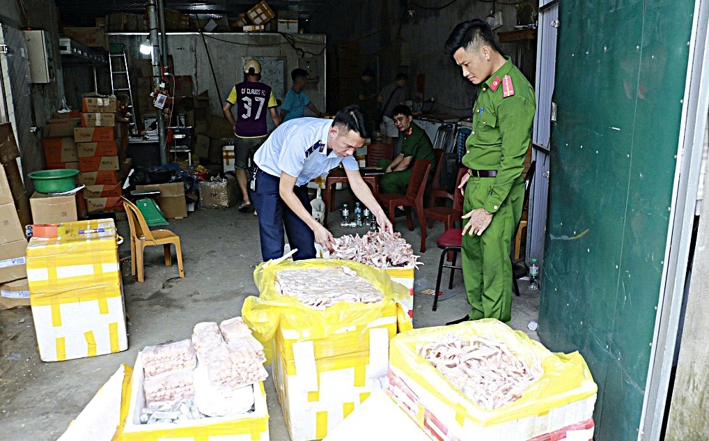 Lực lượng chức năng kiểm tra tại kho đông lạnh. Ảnh: Phạm Thủy.