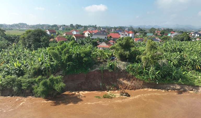 Nhiều điểm sạt lở đang dần ăn sâu vào sát nhà dân. Ảnh: UBND xã Tam Nông