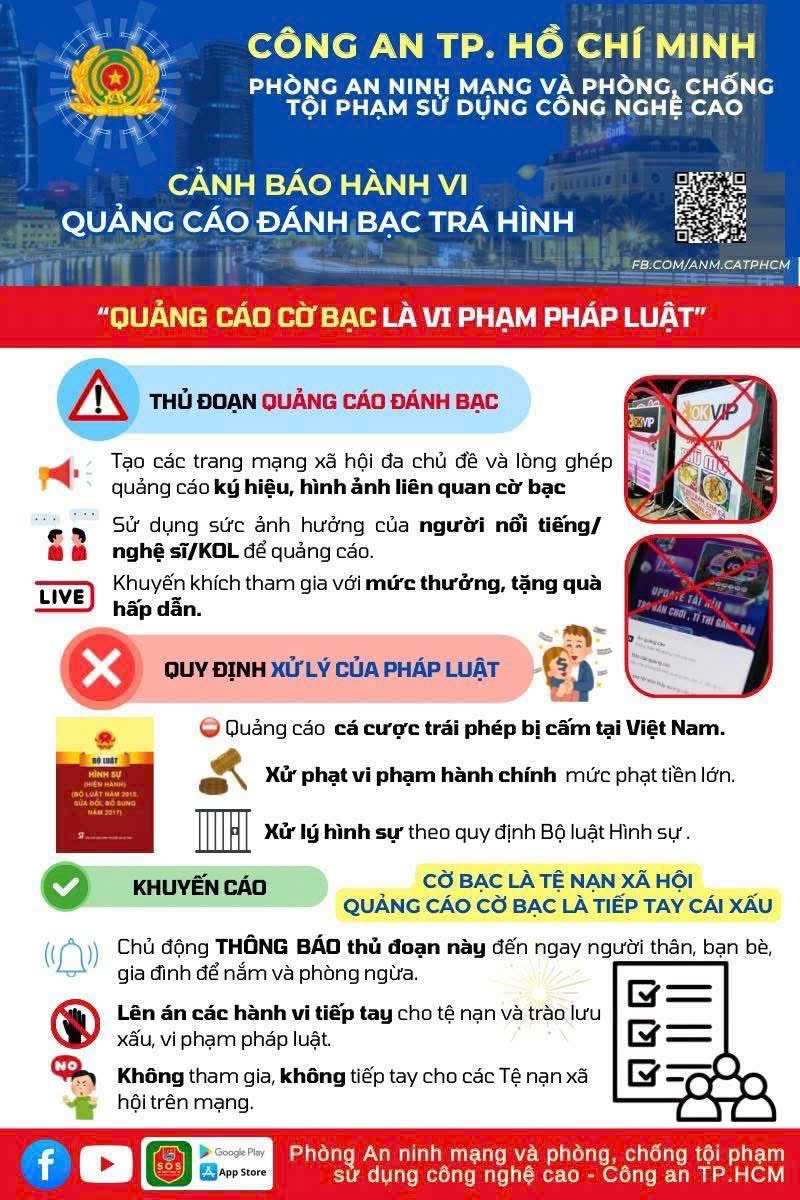 Công an TP.HCM cảnh báo thủ đoạn quảng cáo đánh bạc trá hình. (Ảnh: Công an TP.HCM)
