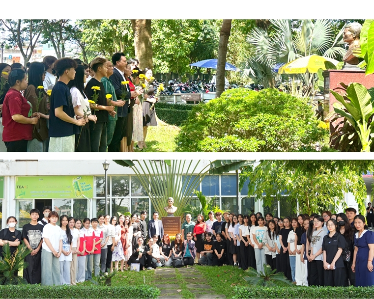 Ban Giám hiệu cùng cán bộ, giảng viên và sinh viên Nhà trường dâng hoa tưởng niệm Chủ tịch Hồ Chí Minh và nhà báo Trần Lâm