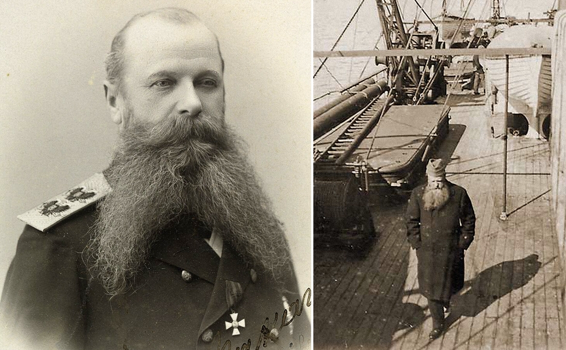 Ảnh bên trái: chân dung Đô đốc Stepan Makarov; Ảnh bên phải: Đô đốc Makarov trên boong tàu phá băng Yermak trong chuyến hải trình Bắc Cực đầu tiên năm 1899. Nguồn: Wikipedia/Nikita Kuznetsov