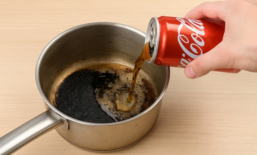 Mẹo làm sạch nồi bị cháy bằng coca cola vừa hiệu quả vừa rẻ tiền. (Ảnh minh họa: AI)