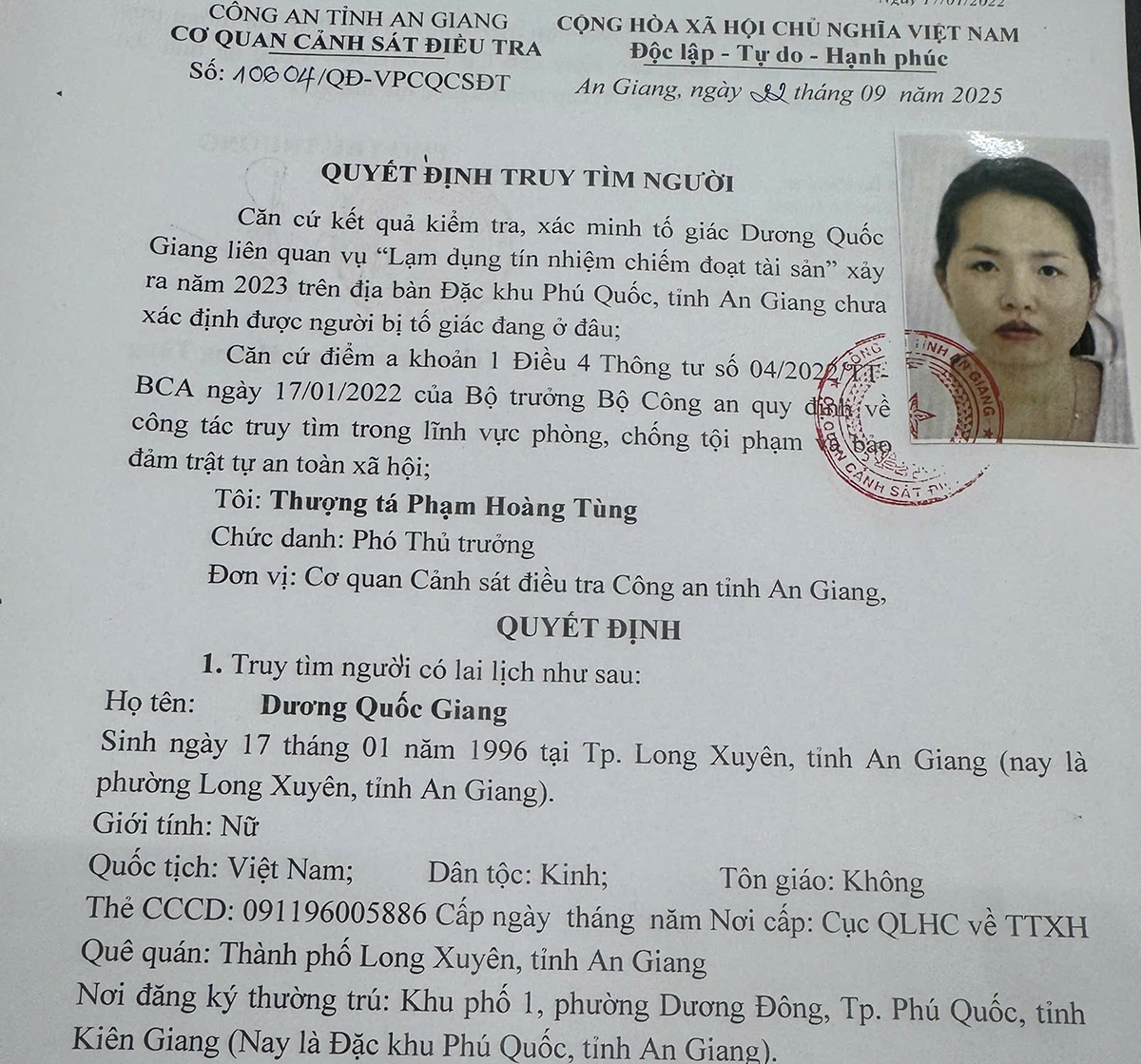 Quyết định của công an đối với Dương Quốc Giang