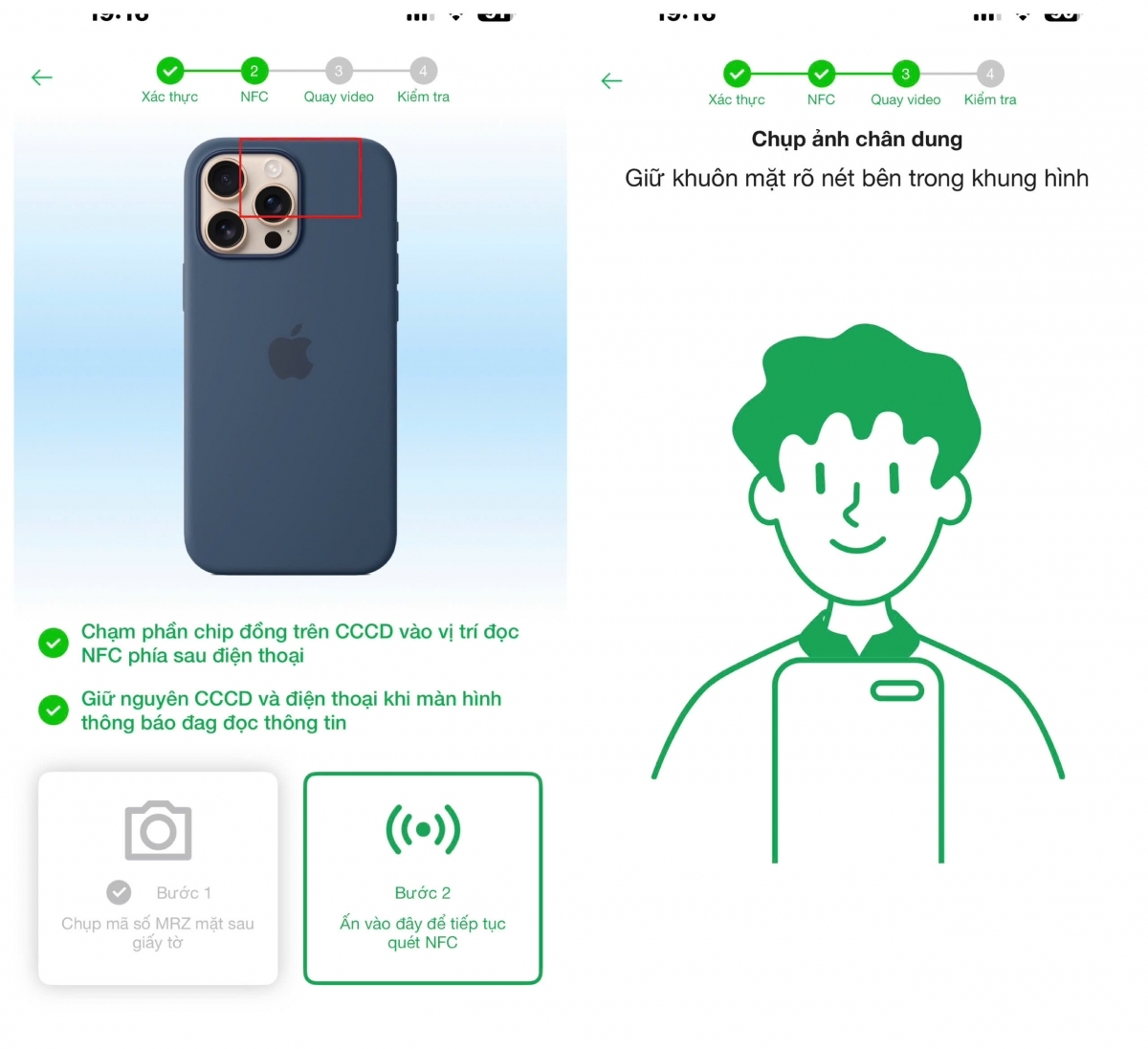 Bước 2: Xác thực thông tin bằng cách chụp ảnh căn cước công dân cả hai mặt, sau đó tiến hành quét NFC và chụp ảnh chân dung  