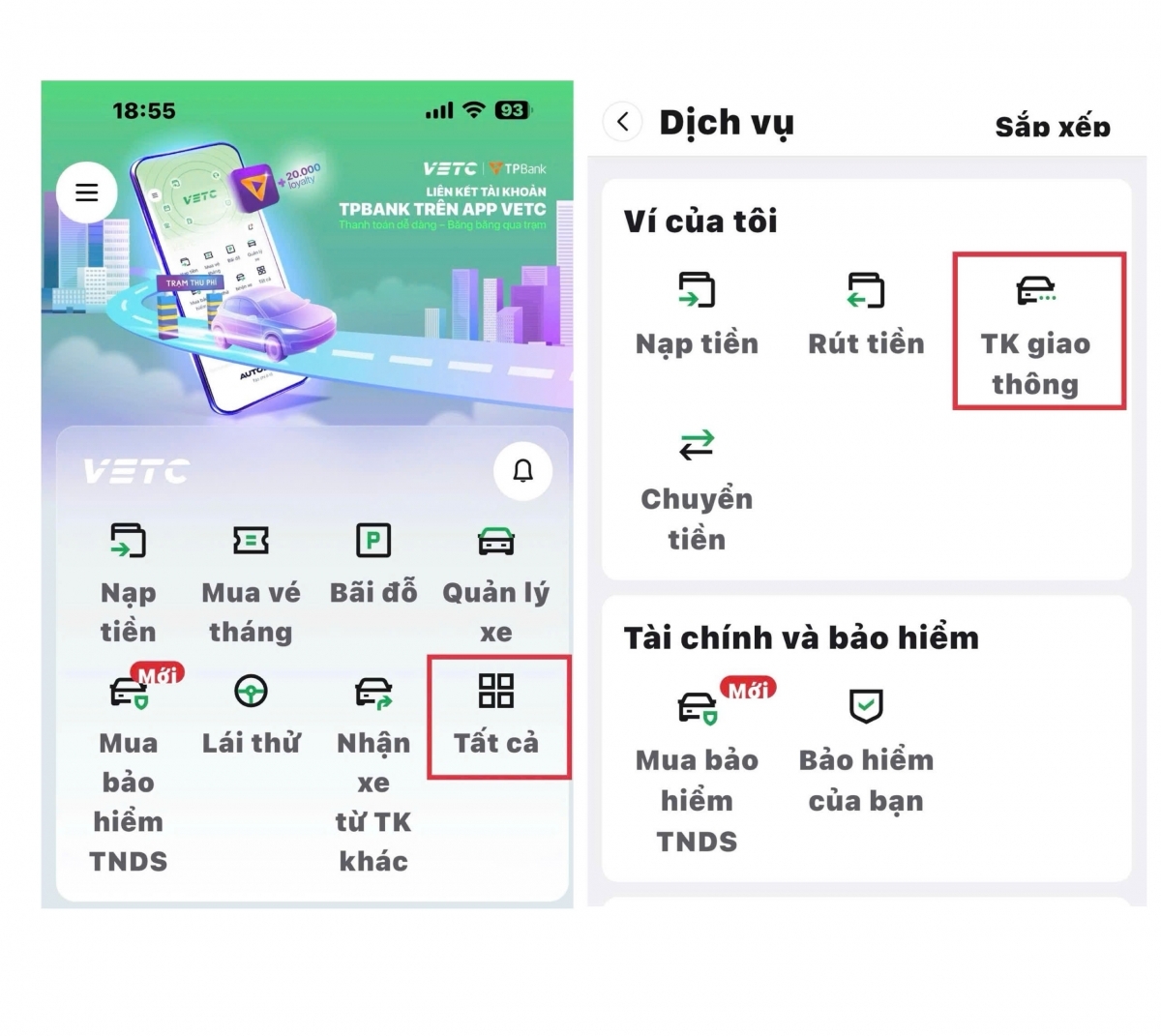 Bước 1: Mở ap VETC nhấn vào mục hiện thị biểu tượng " tất cả" sau đó tiếp tục nhấn vào " tài khoản giao thông" để đi đến bước xác thực  