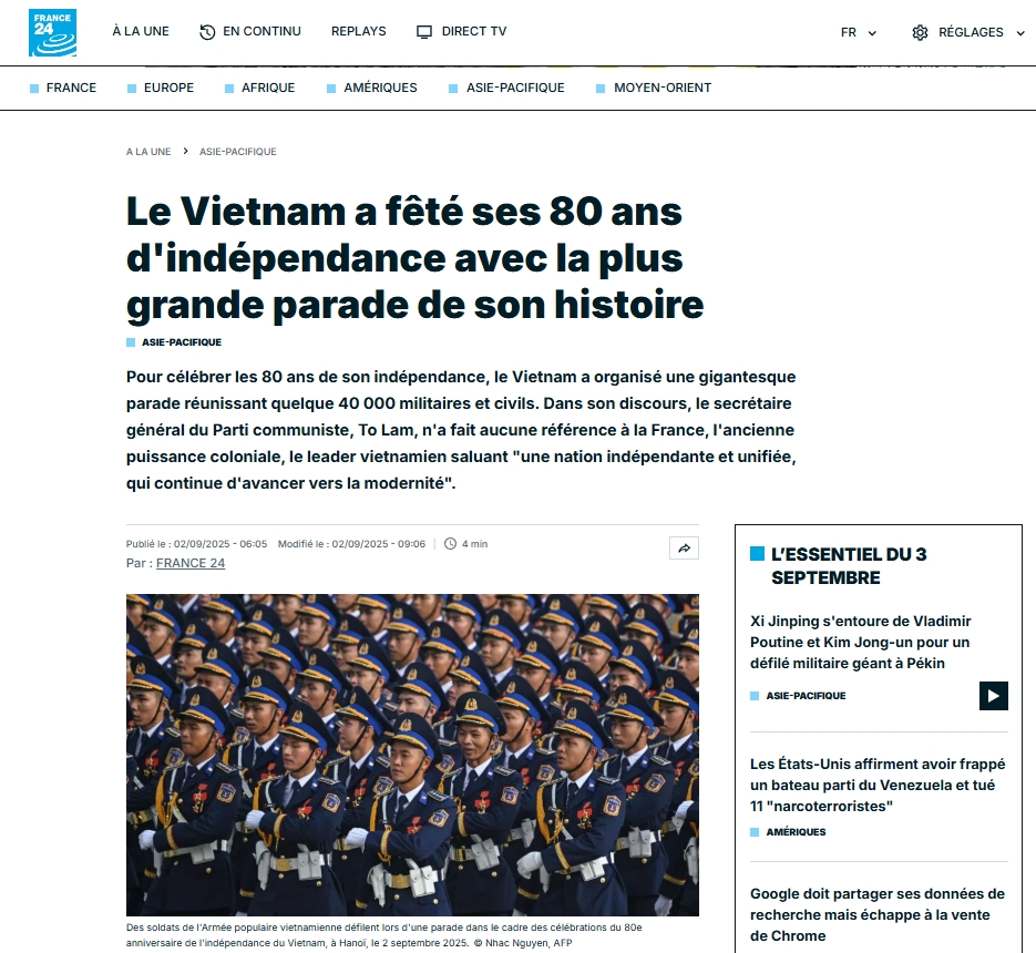 Tờ France 24 giới thiệu về Lễ diễu binh, diễu hành tại Việt Nam.