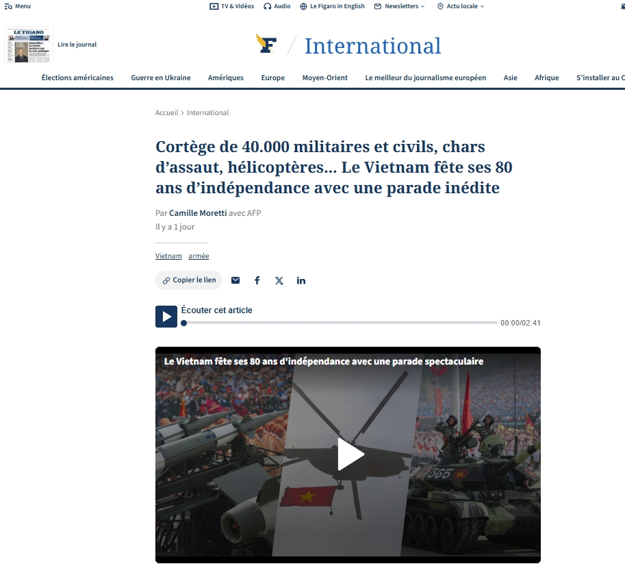 Tờ Le Figaro viết: "Việt Nam kỷ niệm 80 năm Ngày Độc lập bằng cuộc diễu hành chưa từng có".