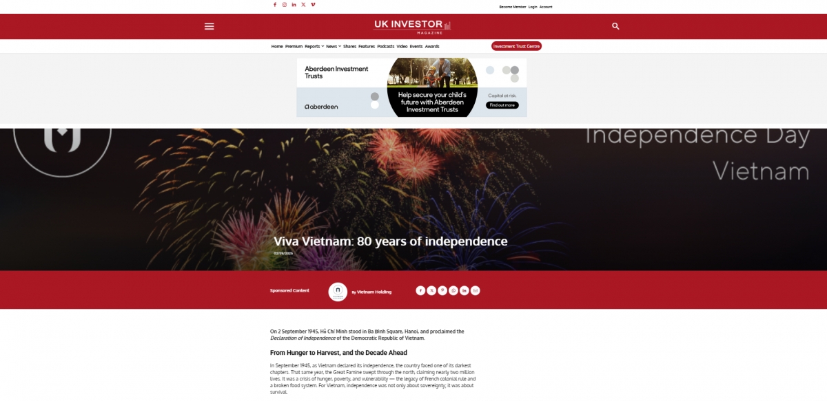 Tờ Uk Investor có bài viết "Chúc mừng Độc lập 80 năm của Việt Nam".