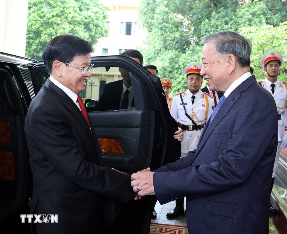 Tổng Bí thư Tô Lâm tiếp Tổng Bí thư, Chủ tịch nước Thongloun Sisoulith sang Việt Nam dự Lễ kỷ niệm 80 năm Cách mạng Tháng Tám và Quốc khánh 2/9. Ảnh TTXVN.