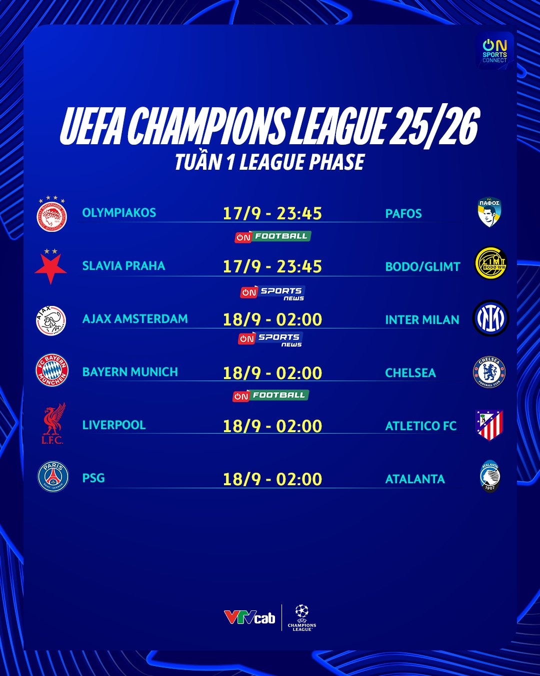 Lịch thi đấu loạt trận Cúp C1 châu Âu 2025/2026 ngày 17/9.