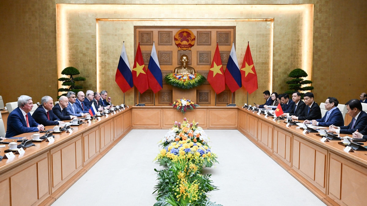 Toàn cảnh cuộc hội kiến giữa Thủ tướng Phạm Minh Chính và Chủ tịch Duma Quốc gia Nga Vyacheslav Volodin