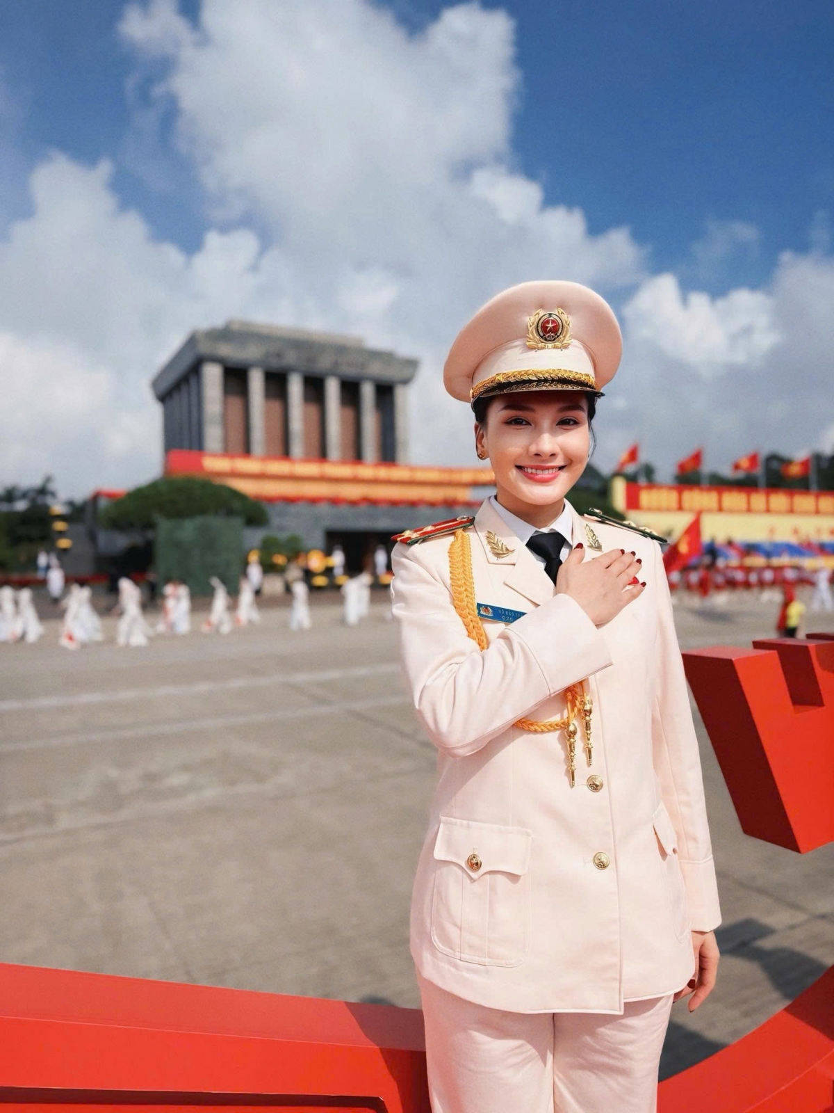 Diễn viên Bảo Thanh đăng ảnh trước Lăng Chủ tịch Hồ Chí Minh cùng chú thích ngắn gọn: "Hoàn thành nhiệm vụ rực rỡ".