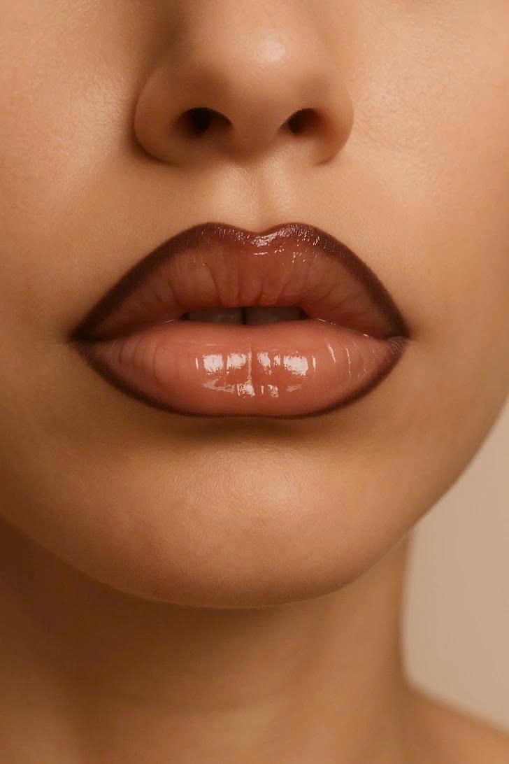 Không kém phần ấn tượng là sự trở lại của viền môi nâu kết hợp son bóng, gợi nhớ tinh thần của những năm 90. Kiểu trang điểm này giúp định hình đôi môi sắc nét, đồng thời tạo chiều sâu và hiệu ứng căng mọng, mang lại vẻ đẹp vừa hoài niệm vừa hiện đại. Khi kết hợp cùng phấn mắt tông đồng và tạo khối ấm áp, đôi môi viền nâu phủ son bóng sẽ mang lại phong cách gợi cảm và cá tính.