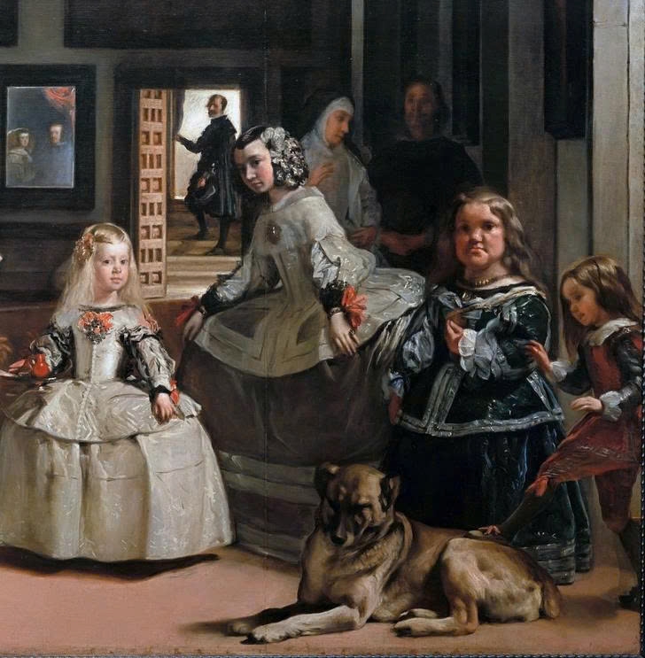 Trong “Thị tỳ của cung đình”, một cái chân ban đầu bị xoá đi và vẽ lại (chân của cô bé đặt trên lưng chó). Trải qua thời gian, lớp sơn mỏng dần, để lộ bóng dáng vị trí cũ, tạo cảm giác có một “cái chân bí ẩn” trên nền tranh.