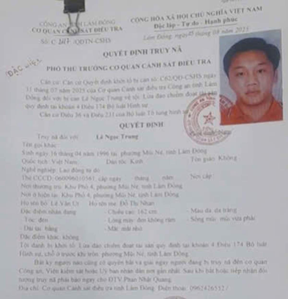 Quyết định truy nã. Ảnh: CALĐ